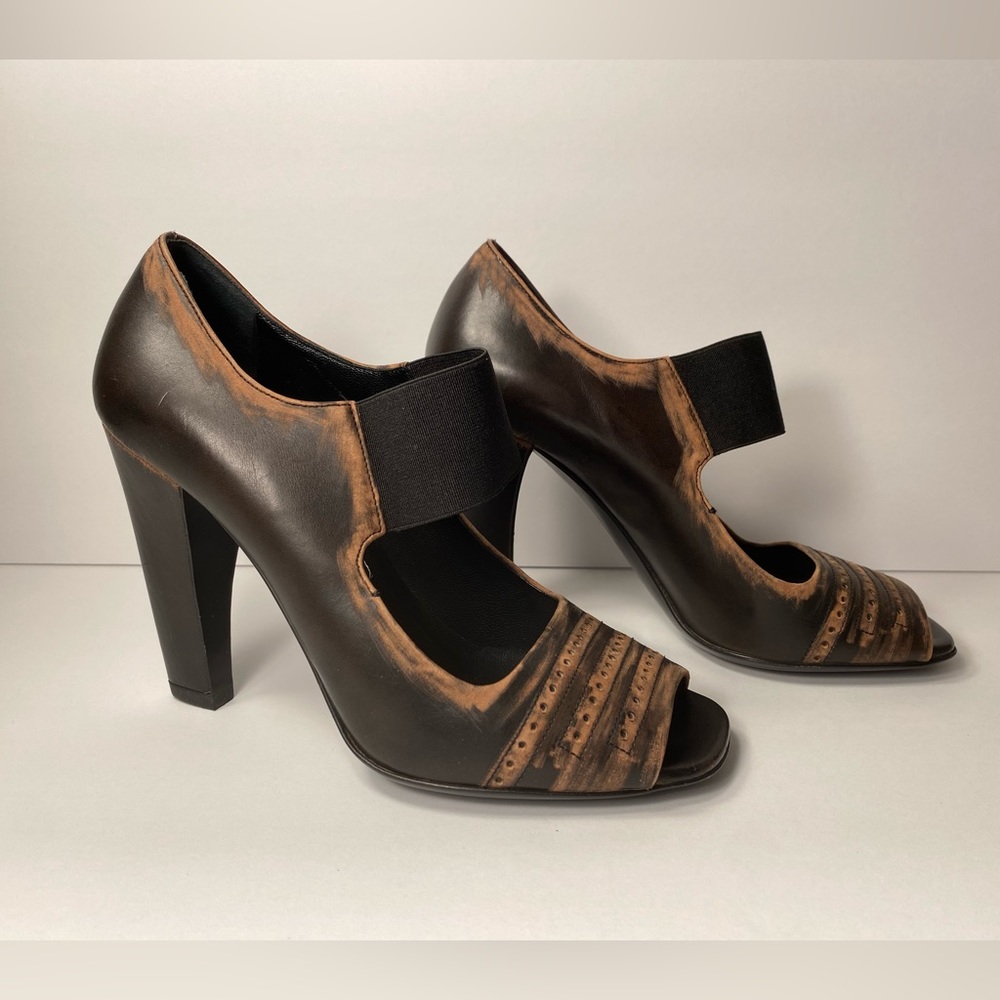 Prada open toe pumps heels Mary janes vintage style distressed black brown 36